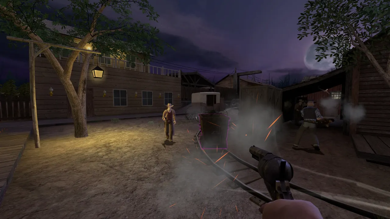 First person view with a revolver in a Wild West street at dusk, players shooting near a rail line.