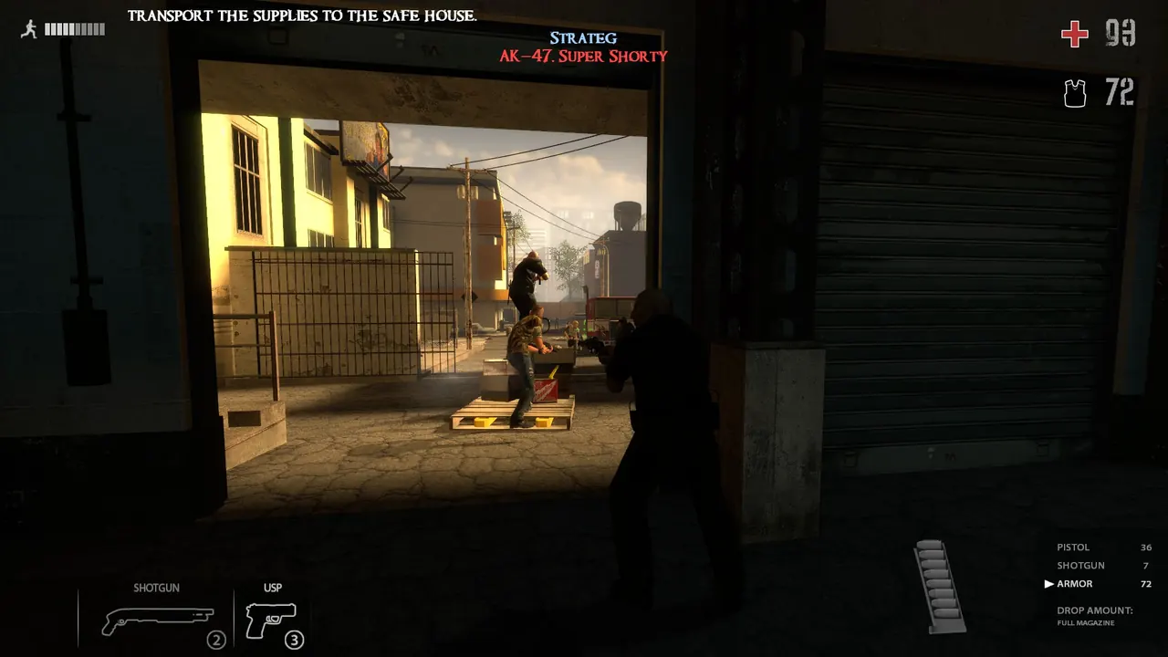 Humans moving through a loading bay with the objective text Transport the supplies to the safe house